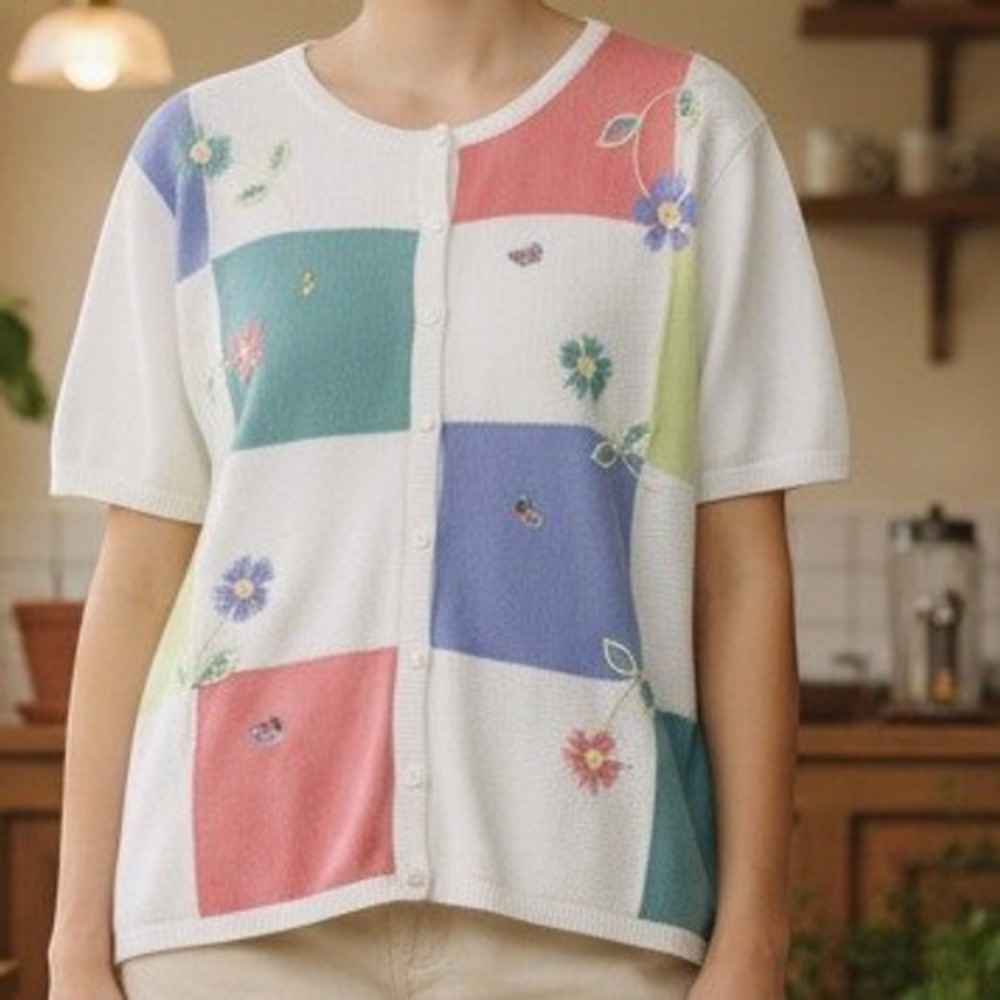 Alfred Dunner Cardigan Womens 2X Floral Embroidered Patchwork Vintage Knit